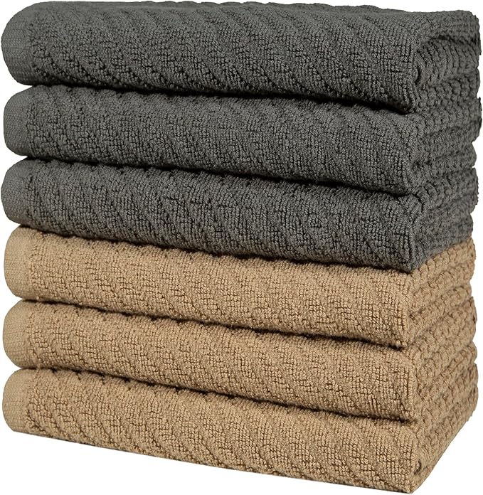 Premium Kitchen Towels (16”x 25”, 6 Pack) | Large Cotton Kitchen Hand Towels | Dish Towels | Diagonal Weave Design | 445 GSM Highly Absorbent Tea Towels Set with Hanging Loop | Grey & Tan