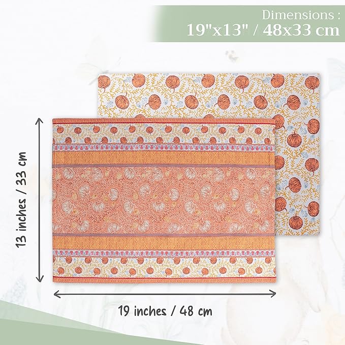 Maison d' Hermine Placemats Set of 4 100% Cotton Washable Cloth Place Mats, Reusable Table Mats for Thanksgiving Christmas Decorations Kitchen Dining Party Wedding (Harvest Festival, 13" x 19")