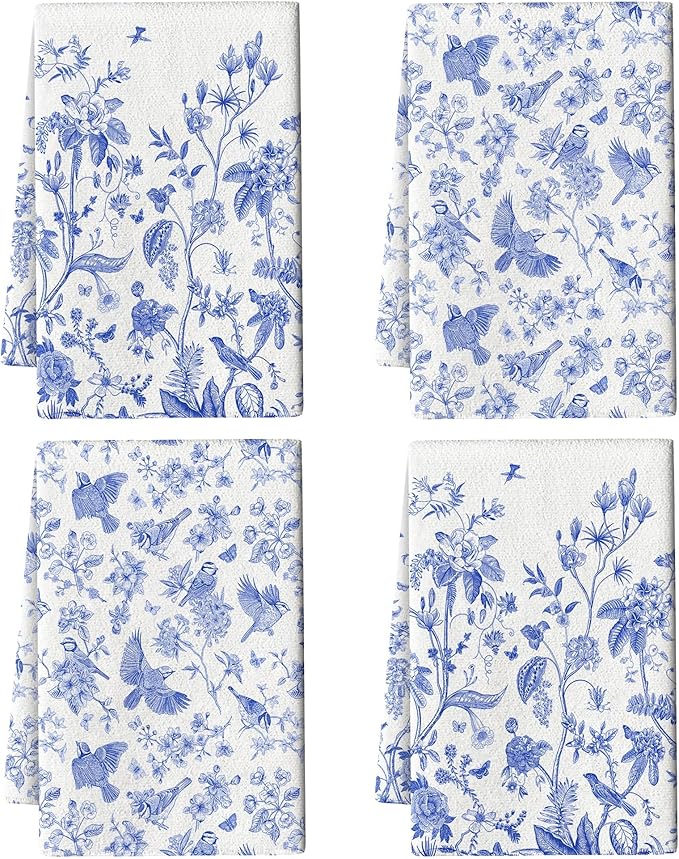 Chinoiserie Floral Kitchen Dish Towels 16x24 Inch, White Blue Flowers Bird Absorbent Tea Hand Towels for Kitchen Cooking Baking Farmhouse Holiday Decoration Set of 4, Chinoiserie Decor
