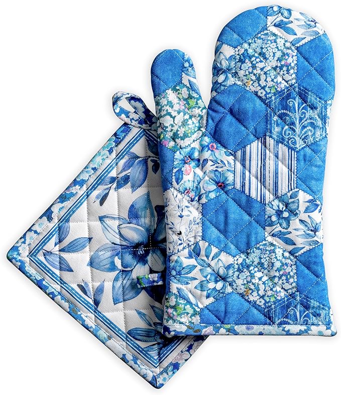 Maison d' Hermine 100% Cotton Oven Mitt & Pot Holder Set (7.5"x13" & 8"x8") Heat Resistant BBQ Cooking Gloves with Loop Baking Grilling Kitchen Gifts for Mothers Day Spring/Summer (Summer Blues)