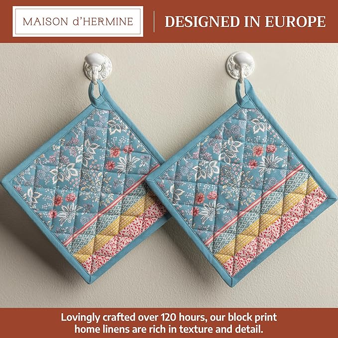 Maison d' Hermine Pot Holders 100% Cotton Heat Resistant Potholders 8" x 8" Hot Pads with Loop BBQ Cooking Baking Gifts for Mothers Day Handling Hot Pans Spring/Summer (Pack of 2, Marquise)