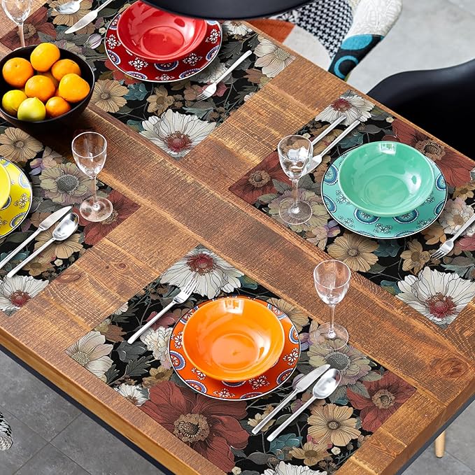 Giwawa Black Boho Floral Placemats Set of 4, 12"x18" Vintage Watercolor Flowers Table Mats, Rustic Retro Plant Heat Resistant Washable Linen Place Mat for Kitchen Dining Season Party Decor