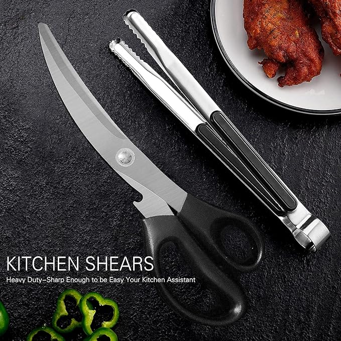 Kitchen Scissors, Korean Barbecue Scissors and Tongs Set,Kitchen Sheras for Meat Cutting, Chicken, Vegetables,Stainless Steel Non-slip Serrated Sharp BBQ Multipurpose Kitchen Sheras Tongs