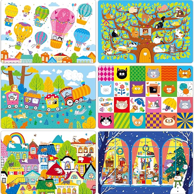 6 Pack Placemats for Kids, Non-Slip Washable Dining Mats, Reusable Cat-Themed Table Mats for Home, Kindergarten, Classroom, Nursery
