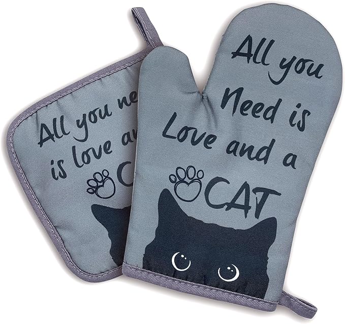 zcyhtqp, All You Need is Love and A Cat, Funny Silicone Non-Slip Oven Mitts and Pot Holders Sets of 2, Cat Oven Mitts, Bake Lover Gift, Kitchen Gift for Cat Owner