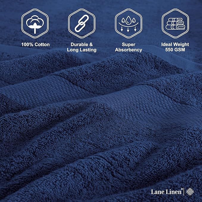 LANE LINEN Bath Towels 4 Pack (28"x54") - 100% Ring Spun Cotton Towels Set for Bathroom - Durable, Quick Dry, Soft & Highly Absorbent Long Lasting Bath Towel Set - Dorm Essentials for Boys - Navy Blue