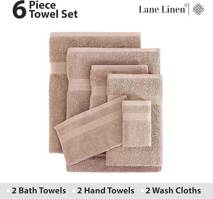 LANE LINEN 100% Cotton Towels Set - 6 Piece value pack - Soft, Absorbent & Durable - 2 Bath, 2 Washcloths, 2 Hand Towels for Bathroom - Ideal for Home, Spa & Gym - Quality You Can Trust - Taupe