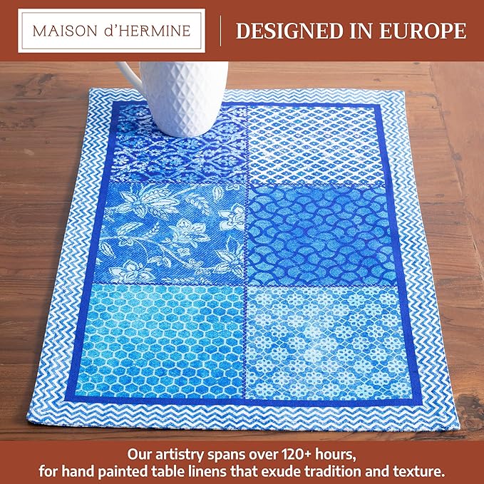Maison d' Hermine Placemats Set of 4 100% Cotton Washable Cloth Place Mats Reusable Table Mats for Kitchen Dining Party Wedding Gifts for Mothers Day Spring/Summer (Indigo Love, 13" x 19")