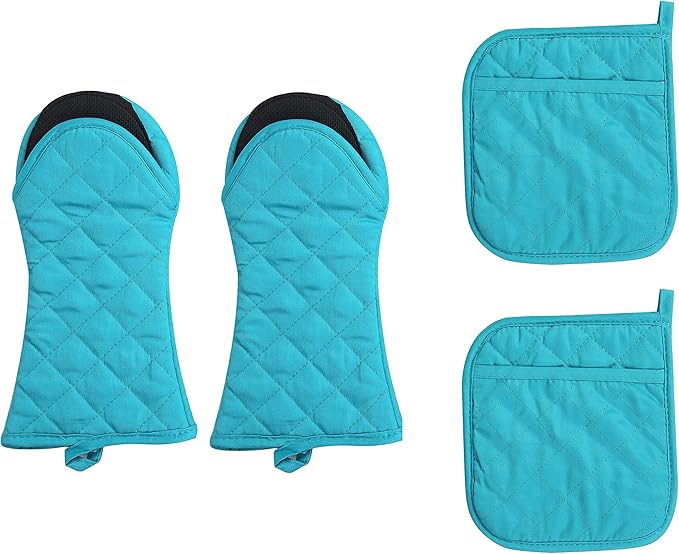 ARCLIBER Hot Pads and Oven Mitts,4PCS Heat Resistant Kitchen Gloves,Non-Slip Rubber Surface 2 Oven Mitts,2 Pot Holders for Cooking,Baking,Grilling,Barbecue,Blue