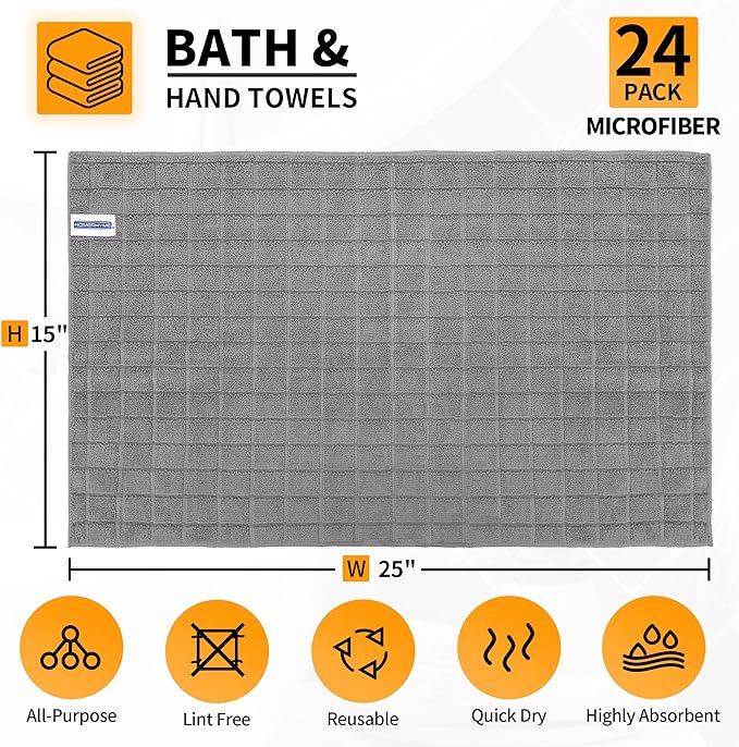 Hand Towels for Bathroom, 24 Pack 25''*15'' Microfiber Grey Bath Hand Towels, Quick Dry Lint Free Soft Absorbent Bulk Washcloths Decorative Fingertip Towels for Hotel Travel Kitchen
