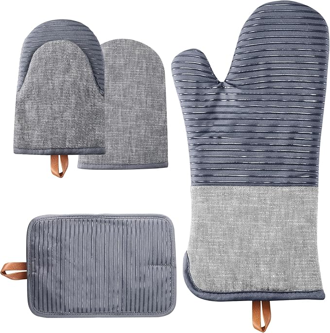 TIPTAP Kitchen Oven Mitts 4pcs Set- Non-Slip Cotton Oven Mitt & Pot Holders – Heat Resistant, Durable & Machine-Washable -One Long Mit, Two Mini Oven Mitts & One Pot Holder (Gray)