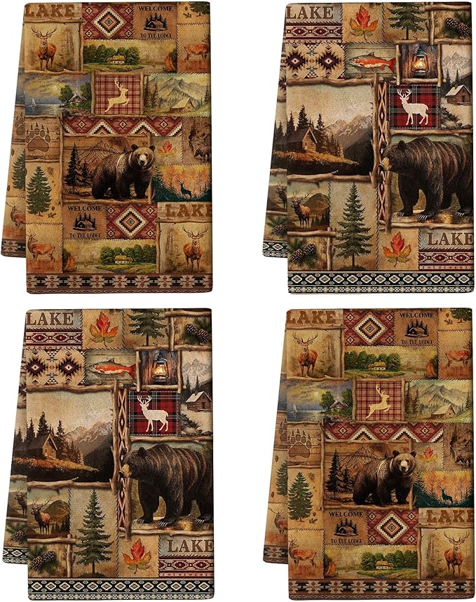 Vintage Rustic Kitchen Towel Set of 4, Lodge Bear Mountain Dish Towels for Kitchen Soft Absorbent Country Cabin Decor Hand Drying Baking Cooking Cloth, Farmhouse Decor 16" x 24"