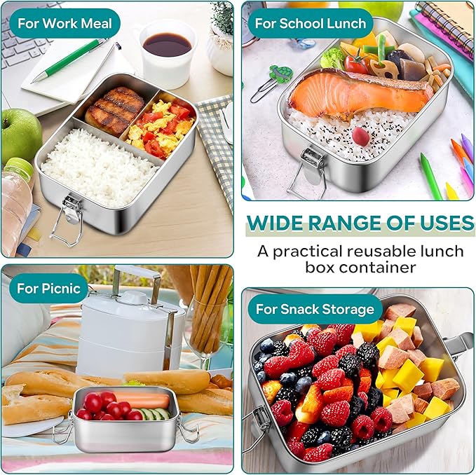 HaWare Stainless Steel Bento Box, 29oz (850ML) Leak-Proof Lunch Box for Kids Adults, 3 Compartments Food Containers with Removable Dividers and Bag, Metal Lunch Containers for Snack Meal Sandwich