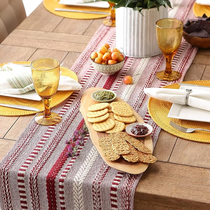 DII Farmhouse Braided Stripe Table Runner Collection, 15x72 (15x77, Fringe Included), Barn Red