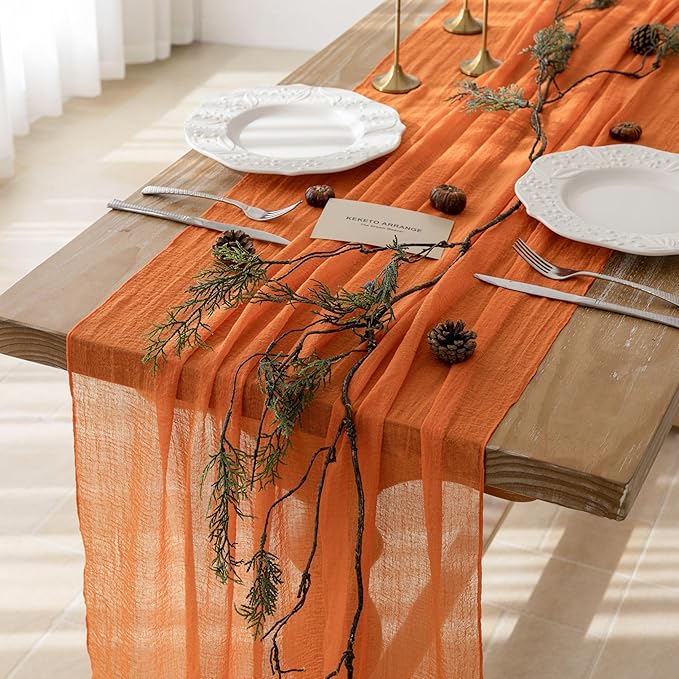 Keketoarrange Orange Spring Easter Gauze Rustic Cheesecloth Table Runner 120 Inch 10 FT for Wedding Baby Shower Bridal Shower Birthday Engagement Garden Outdoor Party Long Sheer Boho Decorations