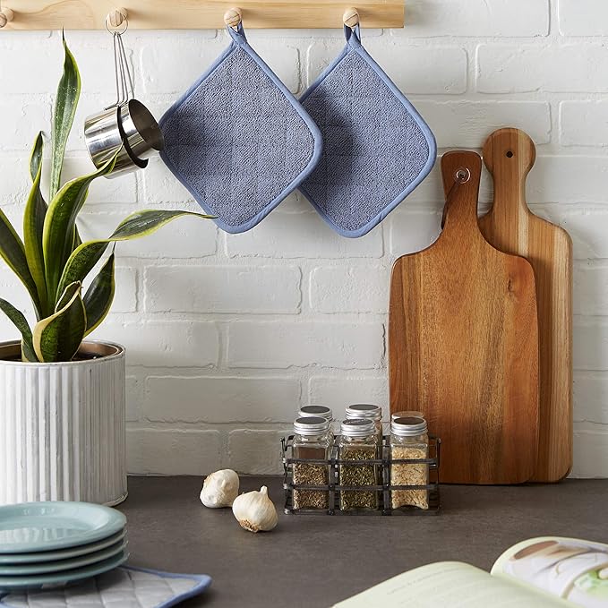 DII Basic Terry Collection Quilted 100% Cotton, Potholder, Stonewash Blue, 3 Piece
