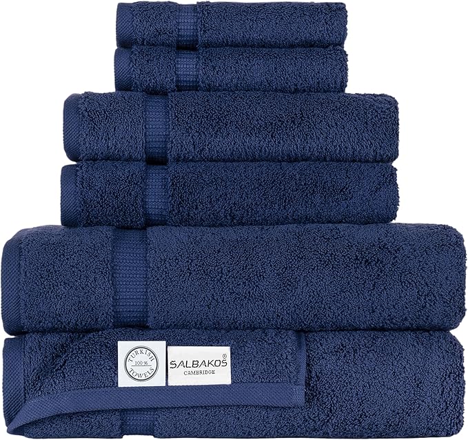 SALBAKOS - Luxury 6 Piece Towel Set, 100% Turkish Cotton, Quick Drying, Highly Absorbent & Comfy, Includes 2 Bath Towels, 2 Hand Towels & 2 Washcloths | (Navy)