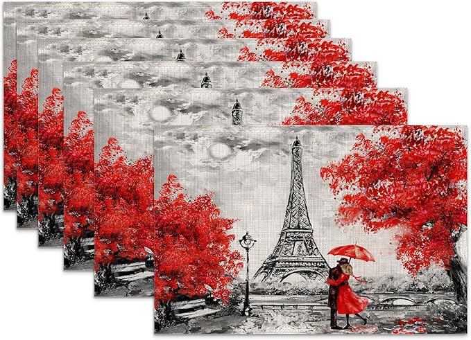 Placemats Set of 6,Vintage Eiffel Tower Linen Table Mats Heat Resistant Place Mats Washable Dining Table Mats for Indoor Outdoor Kitchen Decor Easy Clean 12 x 18 Inch