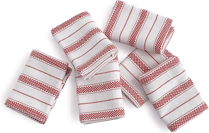 Kitchen Towels Set – Pack of 6 (20’’ x 30’’) Extra Large Premium Cotton Dish Towels for Kitchen – Chain Stripe Towels – Absorbent – 100% Cotton – with Hanging Loop – Red