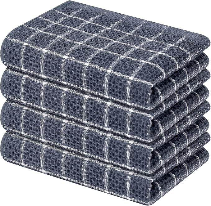 Homaxy 100% Cotton Kitchen Towels 4 Pack-15 X 25 Inches, Check Design Waffle Weave Hand Tea Towels, Super Soft and Absorbent Dish Towel for Drying Dishes, Grey