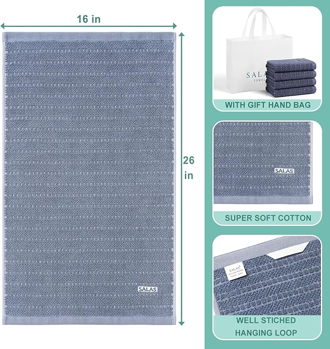 SALAS Kitchen Dish Towels, Bulk Cotton Kitchen Hand Towels, 390 GMS Plaid Dish Cloths Rags for Drying Dishes with Hanging Loop, 16‘’ x 26‘’, 4 Packs,Retro Blue