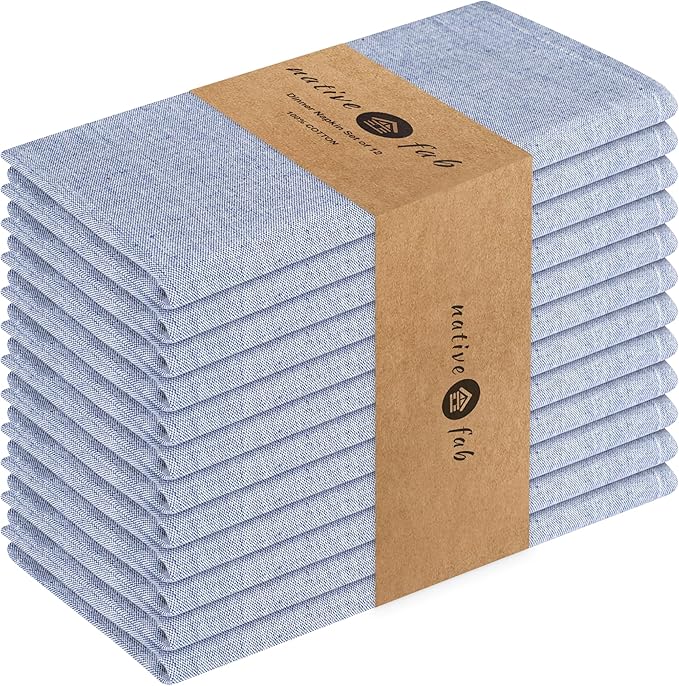 Native Fab Solid Cloth Napkin Set of 12, 100% Chambray Cotton, Washable, Reusable Dinner Cloth Napkin 17x17 inches, Table Decor Napkins for Dinner, Events, Ink Blue