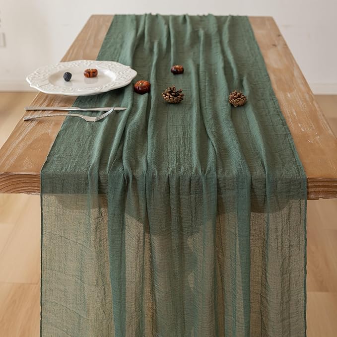 Keketoarrange 3Pcs Forest Green Gauze Rustic Cheesecloth Table Runner 120 Inch 10 FT for Wedding Baby Shower Bridal Shower Birthday Engagement Garden Outdoor Party Long Sheer Boho Decorations