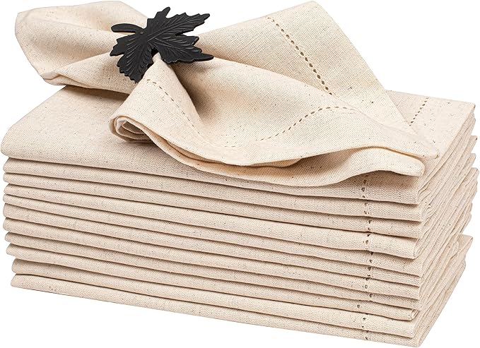 Lightnpro Flax Linen Napkins Set of 12 – Hemstitched Dinner Cloth Napkins, Washable and Reusable Natural Flax Napkins for Dining, Parties, Weddings, Holiday & Everyday Use – 18x18 Inch Natural Color