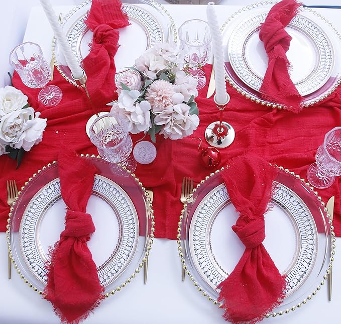 Cloth Napkins with Fringe Set of 12,100% Soft Cotton, Gauze Washable Napkins for Wedding Decorative,Valentine's Day, Dinner Parties,(16''*16'') Red