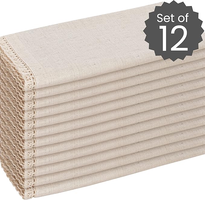 Cotton Clinic 12 Pack Cloth Dinner Napkins with Decorative Lace Oversized 20x20, Linen Cotton Fabric Tailored with Mitered Corner - Cocktail Napkins, Wedding Dinner Napkins Natural