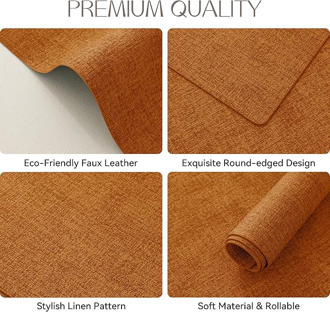 Romanstile Vinyl Placemats Set of 8-12 X 17 Inch - Faux Leather 100% Waterproof Oil-Proof Wipeable Place Mats, Heat Resistant Reversible PU Table Mats for Kitchen Dining Party Outdoor, Orange