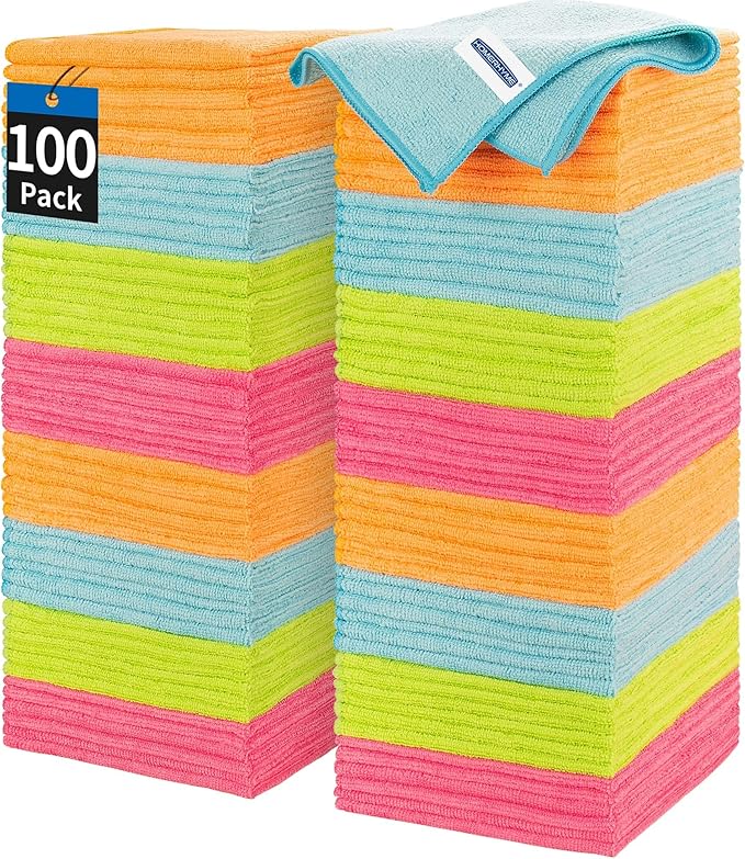 Microfiber Cleaning Cloth, 100 Pack Cleaning Rags, 12" x 12" Shop Towels, Lint Free Reusable All Purpose Microfiber Towels for Cars Kitchen House Office Automotive