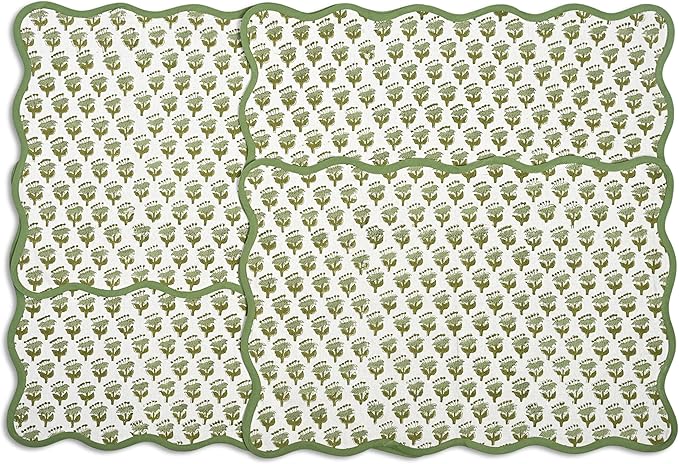 CPC Cotton Placemats Emerald Green Set of 4-Hand Block Printed Reversible Placemats, Flower Scalloped & Embroidered Cloth Table Mats - 14 x 20 inch Gift for Spring, Mother's Day