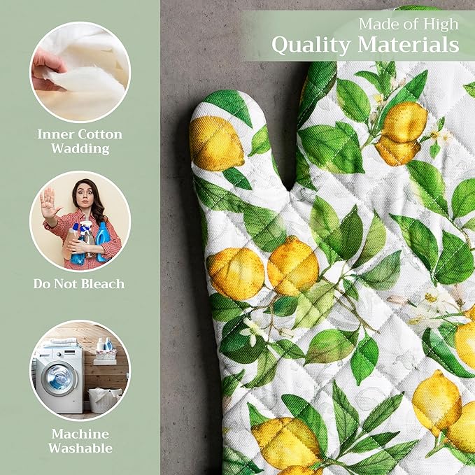 Maison d'Hermine Oven Gloves 100% Cotton Oven Mitt 7" x 13" with Loop Heat Resistant BBQ Cooking Gloves Baking Grilling Gifts for Mothers Day Spring/Summer (Pack of 1, Cedrat)
