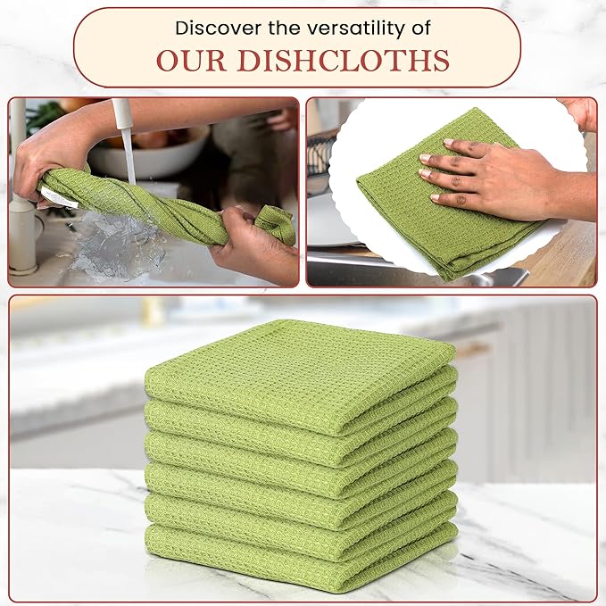 Vintage Vista 100% Cotton Waffle Dish Cloths (Pack of 6) - Dish Rags for Washing Dishes - Reusable & Highly Absorbent Kitchen Towels - Kitchen Rags fo Easter - (12" x 12" - Light Green)