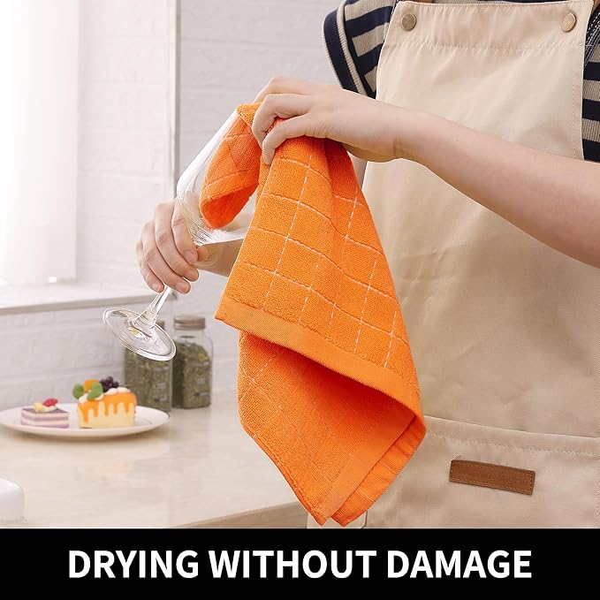 Homaxy 100% Cotton Terry Kitchen Towels(Orange, 13 x 28 inches), Checkered Designed, Soft and Super Absorbent Dish Towels, 4 Pack