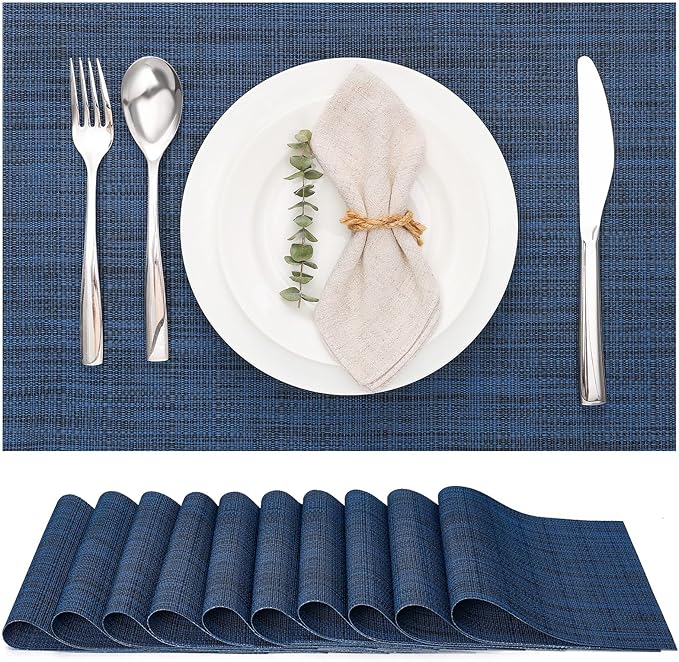 Myir JUN Placemats Set of 10, Vinyl Woven Placemats Place Mats Indoor Set of 10 Washable Table Mats Non-Slip Place mats for Dining Table (Dark Blue)
