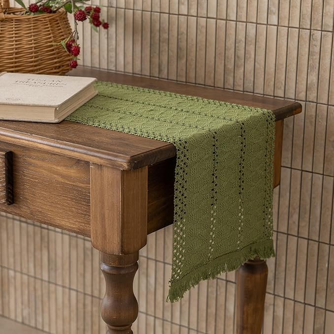 Keketoarrange Boho Sage Green Table Runner for Spring Home Decorations 12x90 Inches Farmhouse Macrame Woven Burlap Rustic Coffee Table Runner Dresser Scarf Dining Kitchen Centerpiece Bohemian Decor