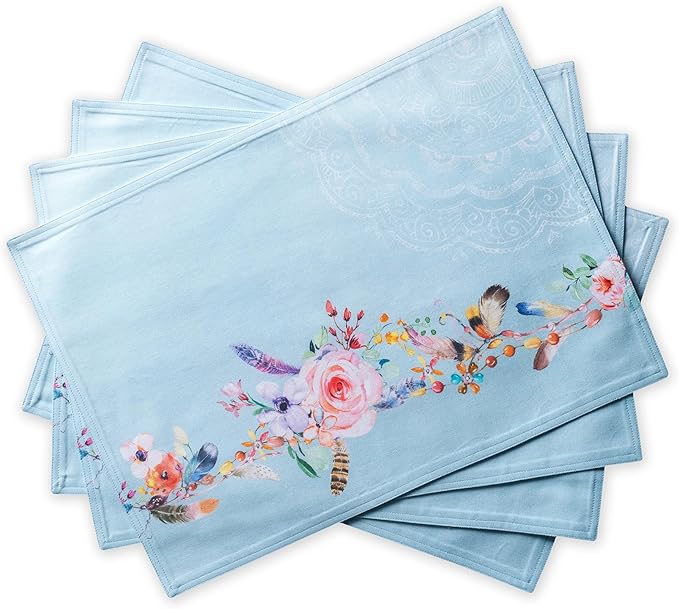 Maison d' Hermine Placemats Set of 4 100% Cotton Washable Cloth Place Mats Reusable Table Mats for Kitchen Dining Party Wedding Gifts for Mothers Day Spring/Summer (Ibiza - Blue, 13" x 19")