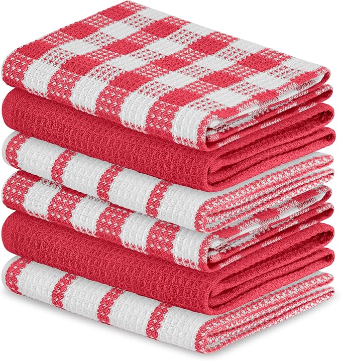 Blue Needles Waffle Weave Kitchen Towels, 15x25 Inches 100% Cotton Set of 6 Dish Cloths for Kitchen, Ultra Soft & Absorbent with Hanging Loop, Dish Rags for Quick Drying, Assorted - Burgundy