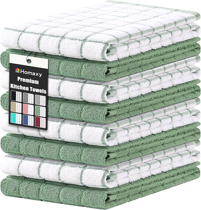 Homaxy Premium Cotton Kitchen Towels 16"x 28", Large Natural Ring Spun 390 GSM Dish Towels, Super Absorbent Terry Kitchen Hand Towels, Soft Tea Towels with Hanging Loop, Grass Green Check, 8 Pack