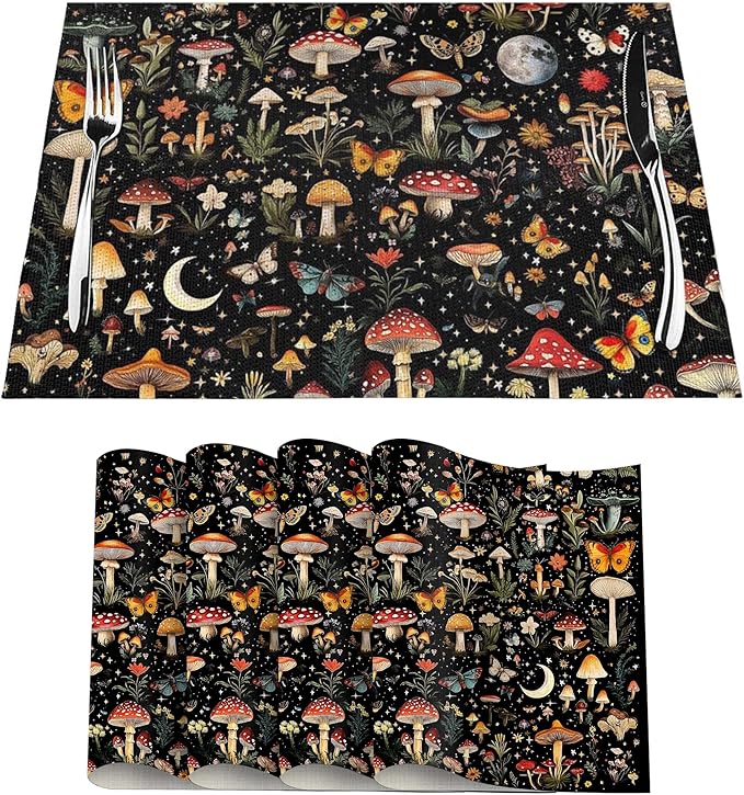 Black Mushroom and Butterfly Linen Placemats Set of 4, Heat Resistant Washable Table Mats for Kitchen Dining Table Party Holiday Outdoor Farmhous, Home Witchy Kitchen Decor, 12" x 18" Place Mats Black