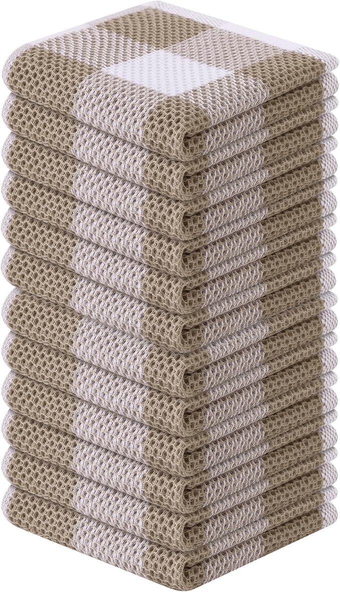 Homaxy 100% Cotton Waffle Weave Check Plaid Dish Cloths, 12 x 12 Inches, Super Soft and Absorbent Dish Towels Quick Drying Dish Rags, 12-Pack, White & Khaki