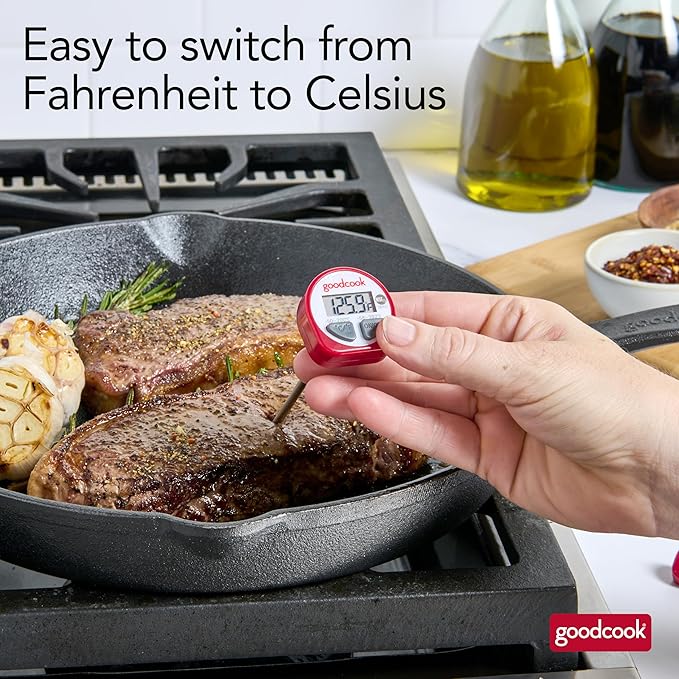 GoodCook Everyday Digital Food Thermometer Instant Read with Stainless Steel Probe, Fahrenheit & Celsius Display & Includes Storage Sleeve, Red
