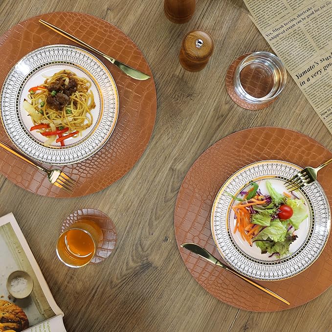 Jovono Round Leather Placemats for Round Tables Set of 8, Brown Place Mats and Coasters, Wipeable Waterproof Heat Resistant Table Mats Easy to Care for Indoor Decor 13 inch Diameter