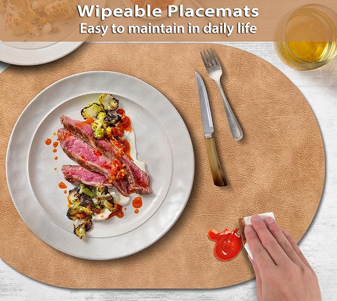 ADRIMER Placemats, Heat Resistant Oval Placemats Set of 6 Washable 12 x 17 Inch, Waterproof Table Mats, Wipeable Pu Place Mats for Kitchen, Dining Room, Light Brown