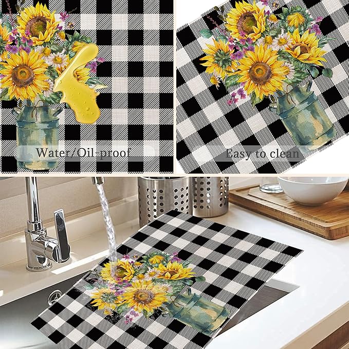 Summer Sunflower Placemats Set of 6,Washable Heat Resistant 12×18 Inch Linen Table Mats Plaid Place Mats for Party Outdoor Dining Decor