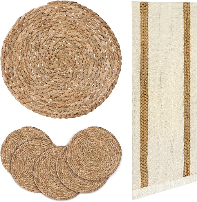 Niviy Round Woven Placemats Set of 6, with 72 Inches Long Farmhouse Macrame Table Runner Burlap Cotton Linen Table Runners Chargers for Dinner Plates, Beige & Brown