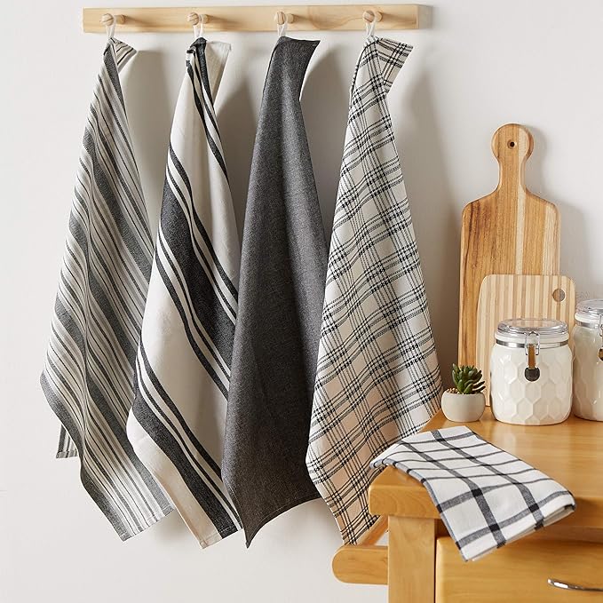 DII Assorted Woven, Kitchen Dishtowel Set, 18x28, Black, 5 Piece