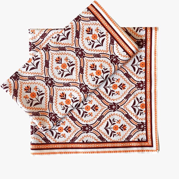 FINGERCRAFT Cloth Napkins, Set of 12 Cotton Linen Blend Printed Dinner Napkins Cloth Mitered Corner Perfect for Parties Dinners Weddings Cocktail Christmas Easter 20x20 Damask Orange